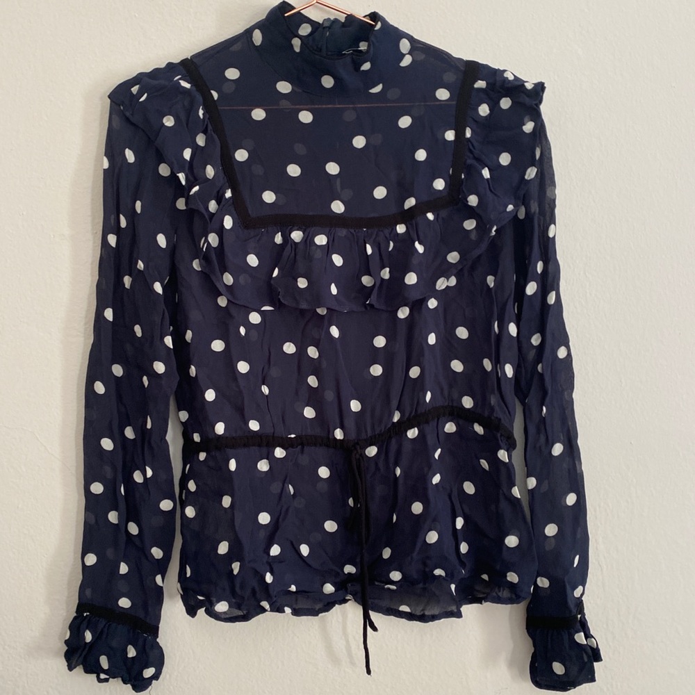 GANNI navy printed polka dot blouse
